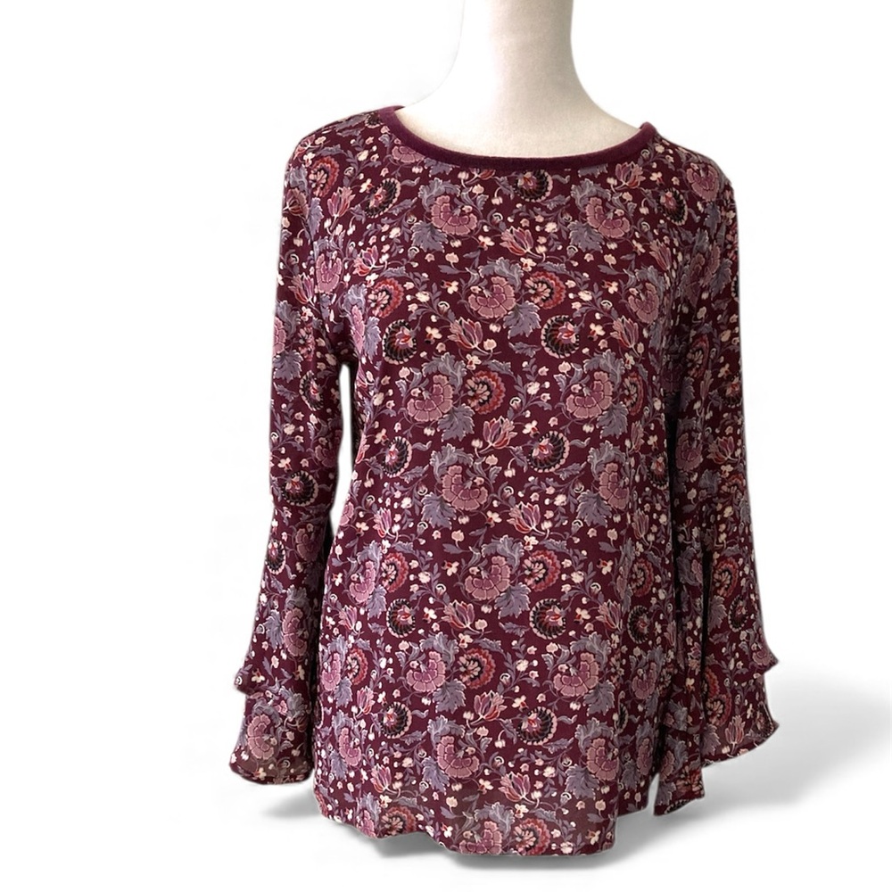 LOFT Small Purple Floral Blouse Bell Sleeves
